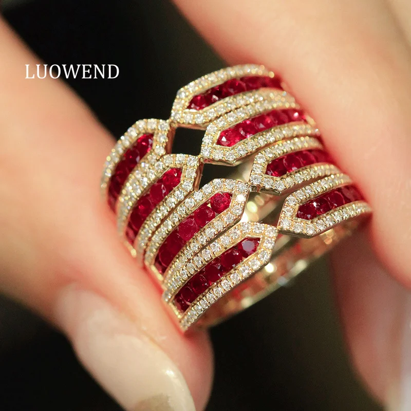 LUOWEND 100% 18K Yellow Gold Rings Fashion INS Style Shiny Diamond Natural Ruby Engagement Ring for Women High Wedding Jewelry