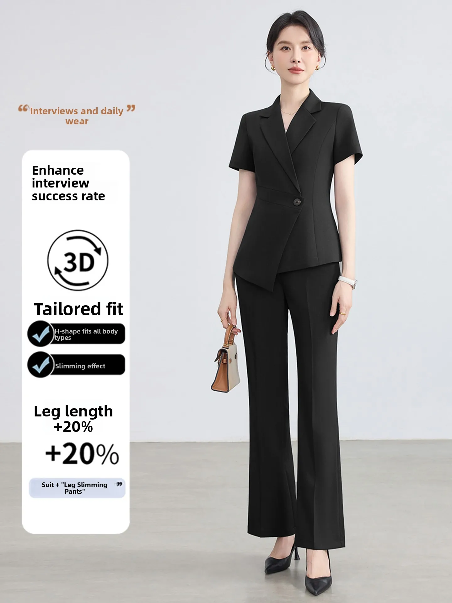 Black Short Sleeve Suit Set for Women Professional Interview Workwear Lightweight Ladies Career Polyester Fiber Anti-Wrinkle