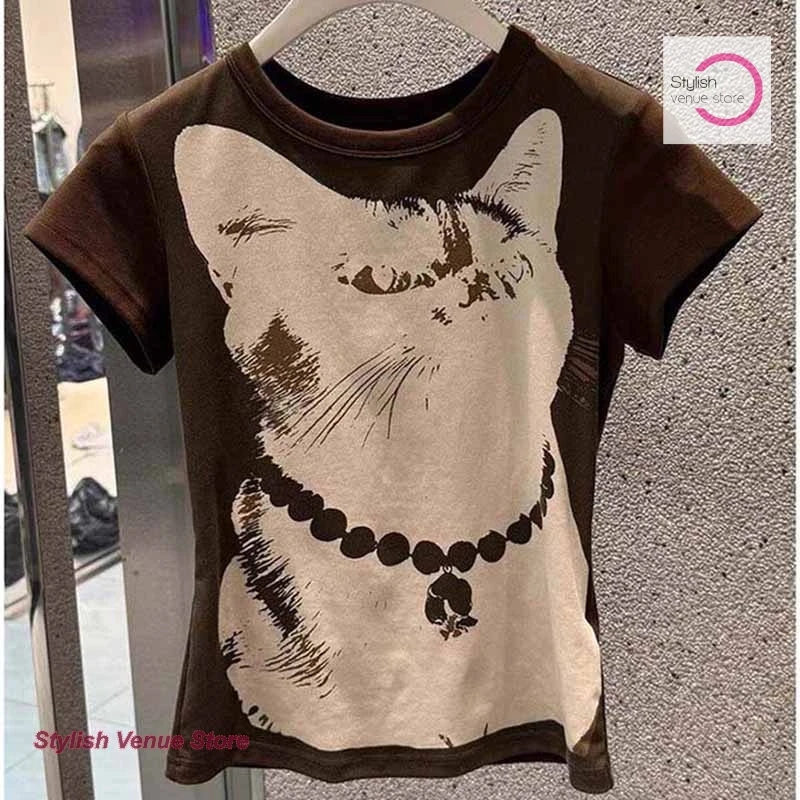 Korean coffee-colored kitten printed short-sleeved women's spring and summer new fashion waist casual Joker design top.