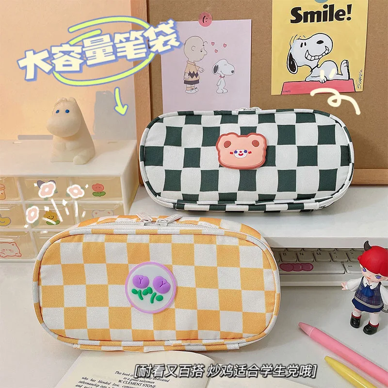 Kawaii Bear Rabbit Cartoon Checkerboard Large Capacity Pencil Case Korean Stationery Storage Bag School Stationery Bag