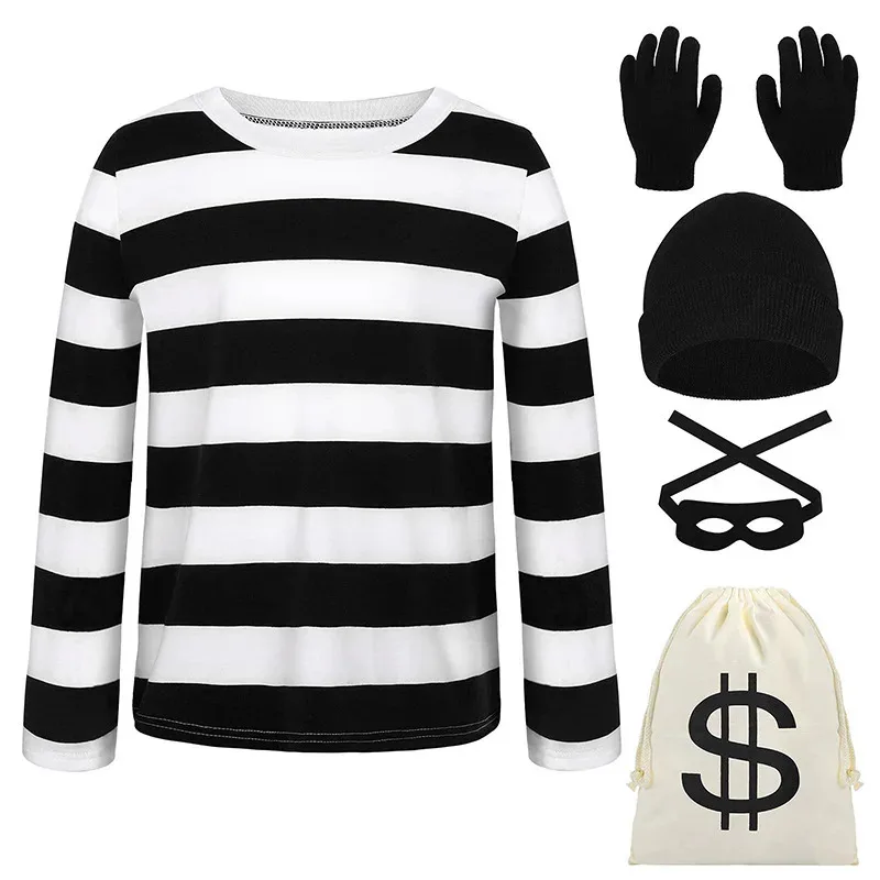 Halloween Thief Suit Long Sleeve Stripes T-shirt Canvas Bag Gloves Eye Mask Knit Hat Cosplay Costume