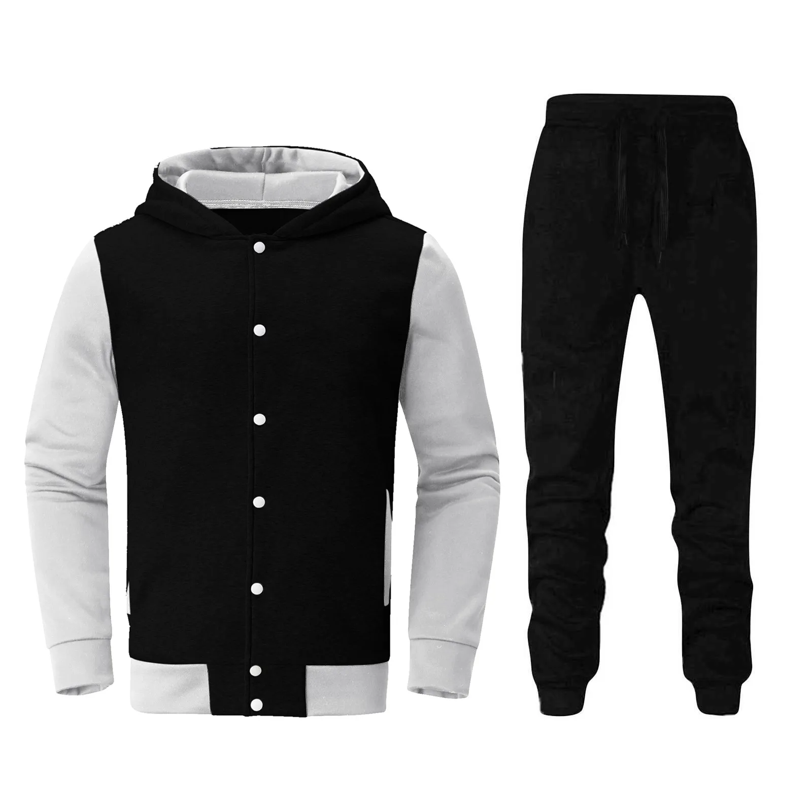 

Men Jacket Long Pants Suit Trousers Casual Loose Color Matching Single-Breasted Hooded Baseball Coat Keep Warm Winter Tracksuit