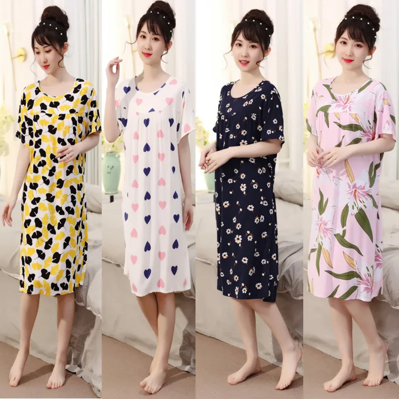 

plus Size Sleepwear Women's Short Sleeve Loose Comfortable Home Clothes Artificial Cotton Gown Belt Tied Rope Summer Nightgown