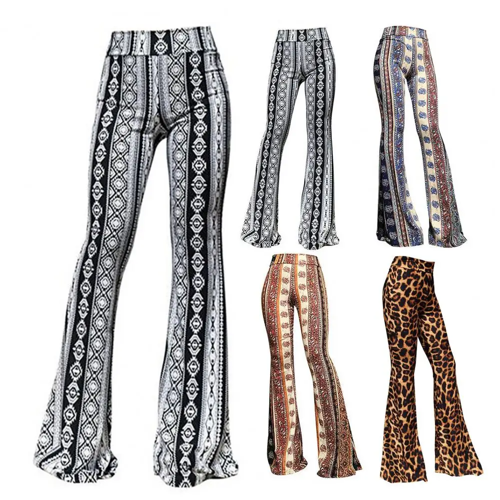 High Stretch Women Pants Soft Stretch Pants Vintage 70s Leopard Print Flared Hem Long Pants for Women High Elastic Waist