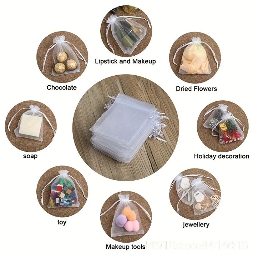 50pcs White Organza Drawstring Storage Bag Party Gift Decoration Bag, Cosmetic Gauze Bag,Holiday Gift 7X9CM 10X15CM 13X18CM