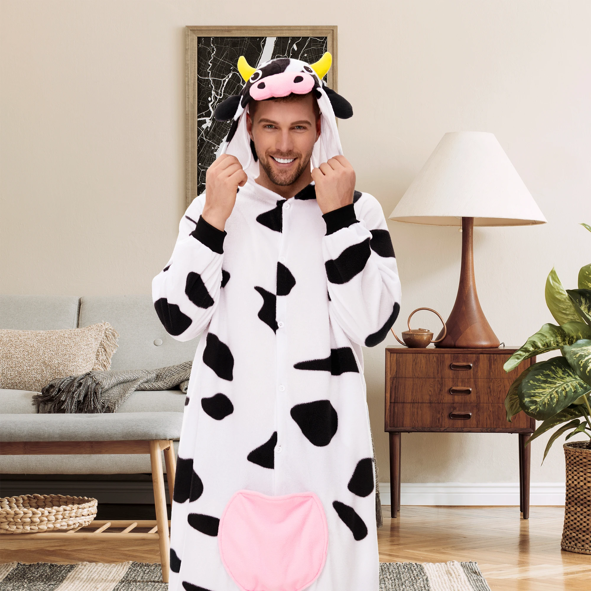 CANASOUR Cow Costumes Adults Men One-piece Cute Hooded Pyjamas Halloween Christmas Cosplay Soft Winter Onesie Pajamas