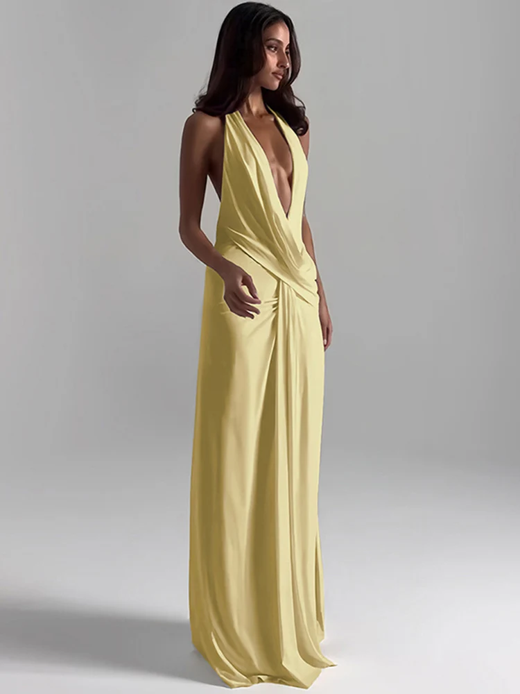 Vestido Largo Sexy con Aberturas Altas para Mujer, Halter con Escote en V Profundo, Sin Espalda, Sin Mangas, para Fiesta en la Piscina de Verano, Fruncido, Elegante