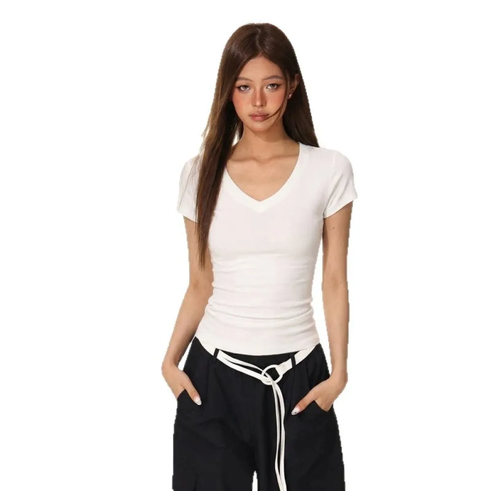 Summer Fashion Women V Neck T Shirt Slim Fit Cotton Tee Short Sleeve Solid Color Casual Everyday Apparel Female Top Clothing
