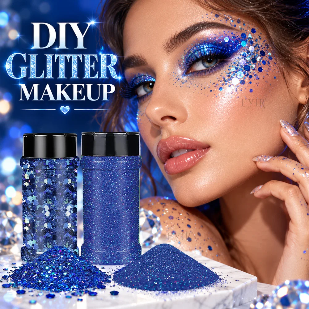EYIR 2PCS Blue Holographic Glitter Set 80g Fine Glitter 50g Chunky Glitter Flakes for Epoxy Resin Tumblers Nail Art DIY Crafts