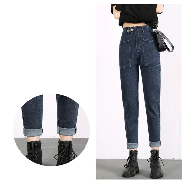 2023 Vintage Washed Denim Harem Pants Women Stretch Jeans High-waist Pocket Slim Lady Casual Pants Cozy Oversize Jeans Trousers