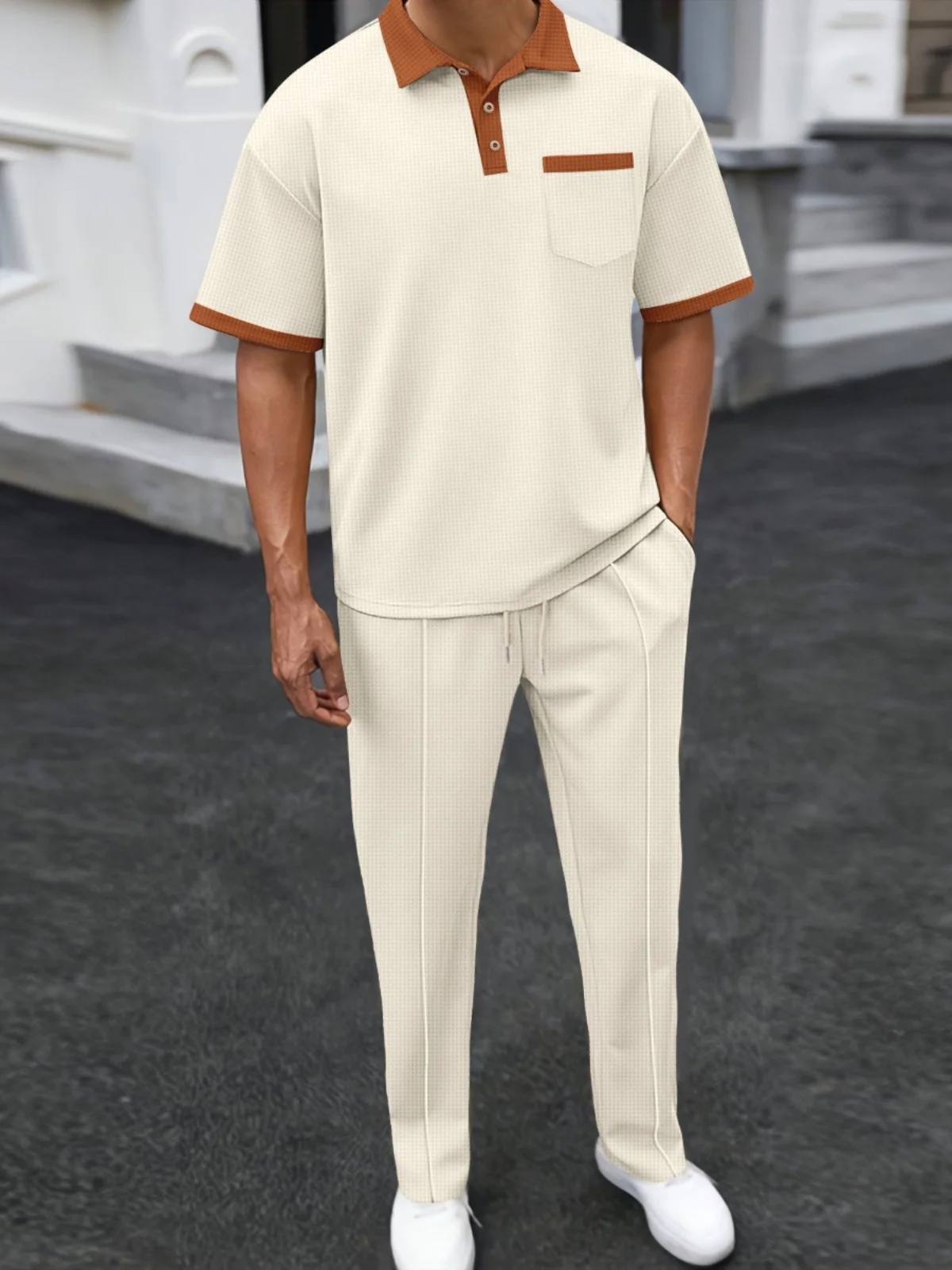 Summer Casual Sportswear Set Short Sleeve T-Shirt And Long Pants Polyester Fiber plus Size Men's Waffle Patterned Suit