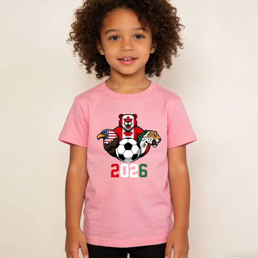 T-shirt décontracté en coton pour enfants garçons et filles, imprimé animaux, représentant les États-Unis, le Canada et le Mexique, fournitures pour supporters de football, collection 2026