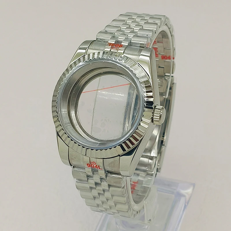 NH35 Case 36/39mm DJ Watch Case Sapphire Glass Transparent Back Cover With Steel Strap Fits NH35 NH36 4R 7S26 Movement Modified
