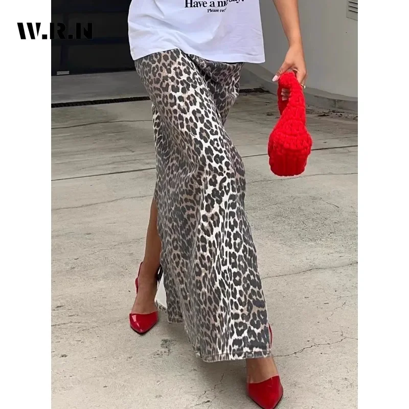 2024 Summer Vintage High Street Leopard Printting Mid Long Skirts Women Casual High Waist Retro Hotsweet A-Line Slit Denim Skirt