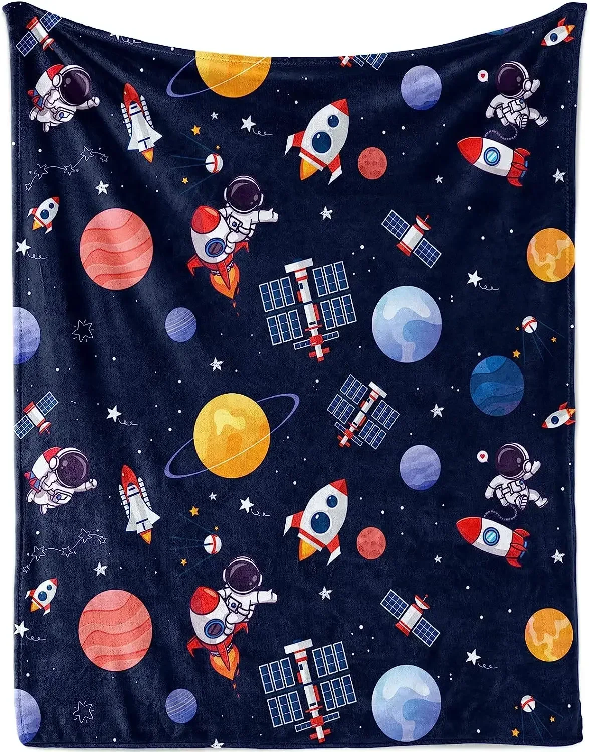 Outer Space Blanket for Boys, Soft Space Astronaut Theme Plush Flannel Blanket for Nursery Baby Crib, Cozy Warm Navy