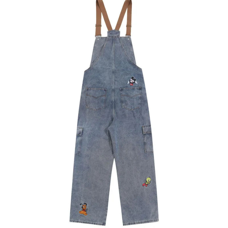 American retro cartoon embroidered washed denim overalls for men and women loose and fashionable trendy brand jumpsuit INS-K2807