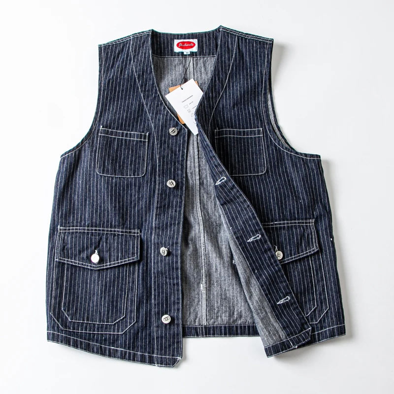 Buckle Back Retro Denim Vest Men's Multi Pockets Workwear Sleeveless Jacket Y2k Youth Male Striped Blue Camisole Top Vintage