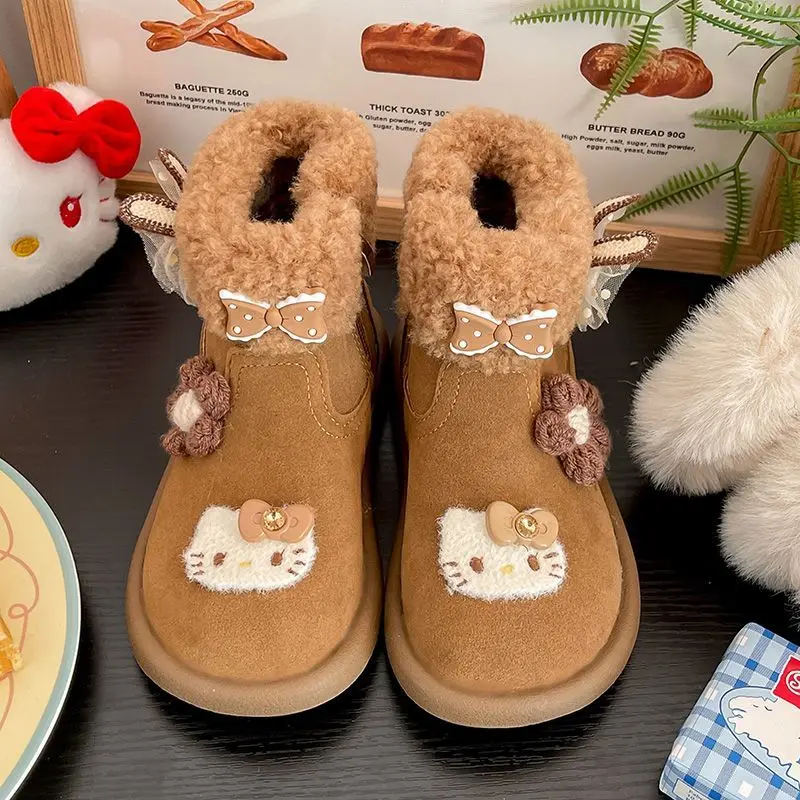 

Детские плюшевые зимние сапоги Kawaii Hello Kitty, утепленные ботинки с героями мультфильмов аниме, нескользящие теплые хлопковые кроссовки на открытом воздухе, ботильоны