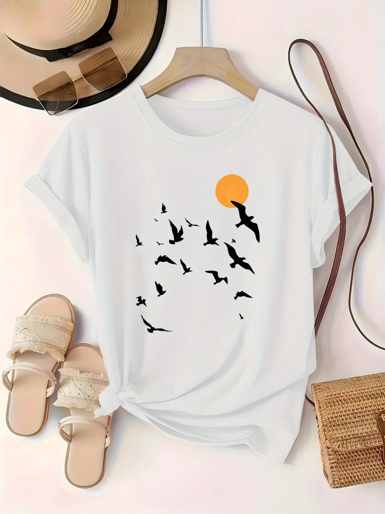 2026 Women Ladies' Sunset and Wild Goose Printed T-shirt Casual Short Sleeve Round Neck Top Breathable and Comfortable