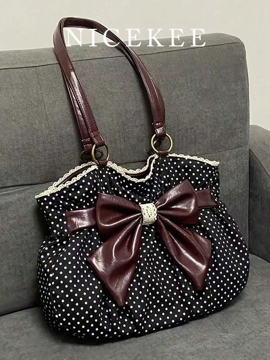 

Niche Bow Polka Dot Lace Tote Bag, large capacity color blocked underarm shoulder bag, sweet versatile for shopping commute date