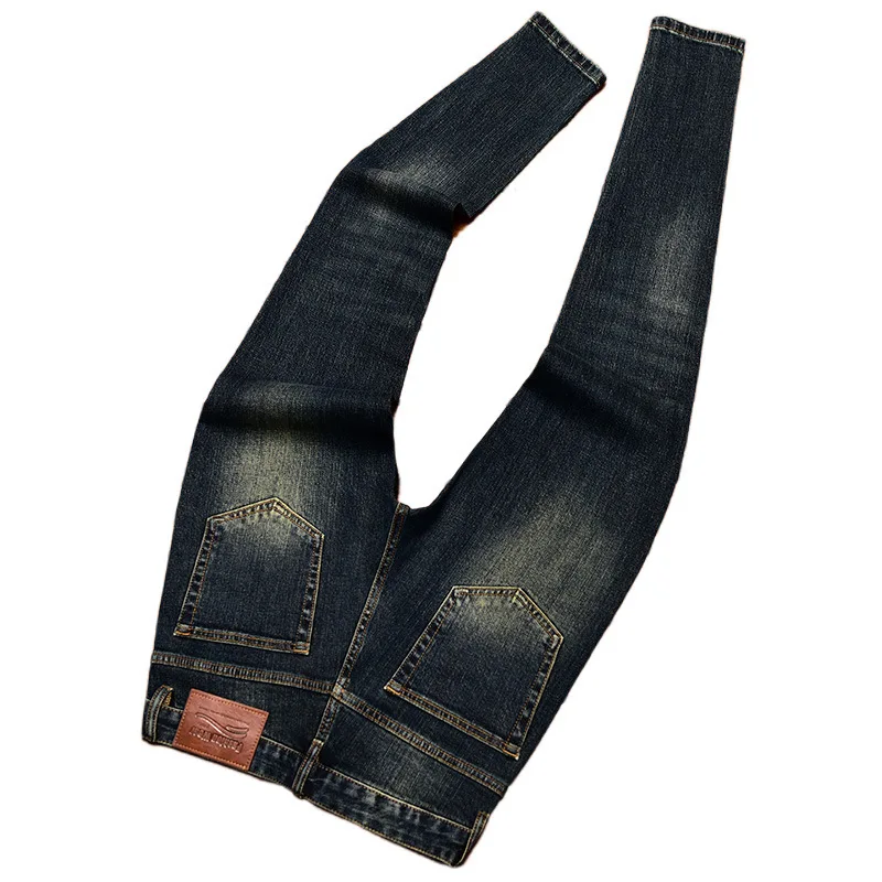 Herfst en winter lichte luxe bedrukte jeans HEREN slim fit skinny elastische trend modieuze retro blauwe denim troef