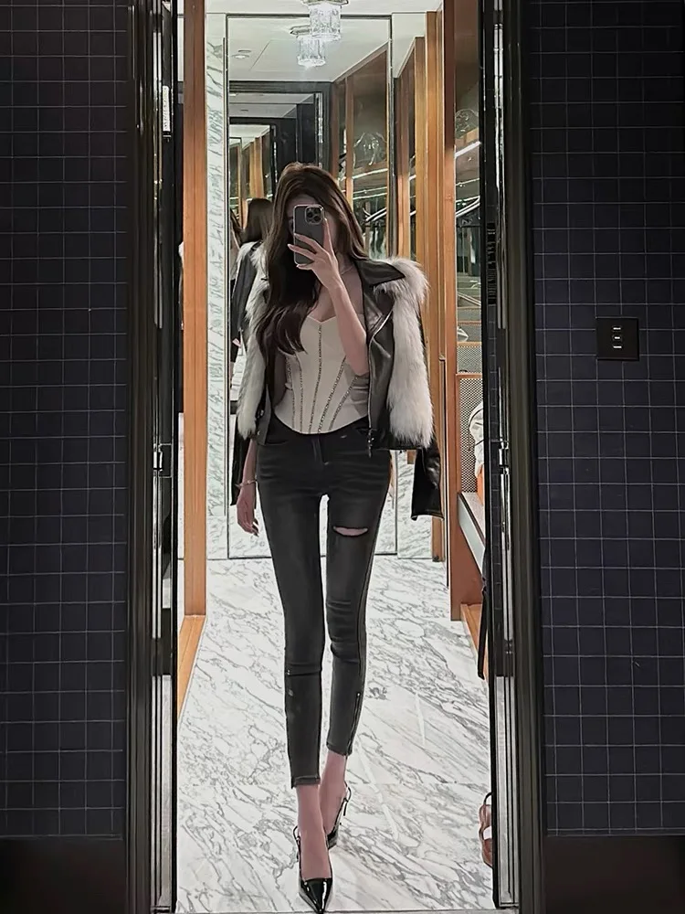 

Джинсы с высокой талией, облегающие, с дырками, эластичные, супер-стройнящие, черные, серые, из хлопкового стрейч-денима, женские модные брюки, весна...