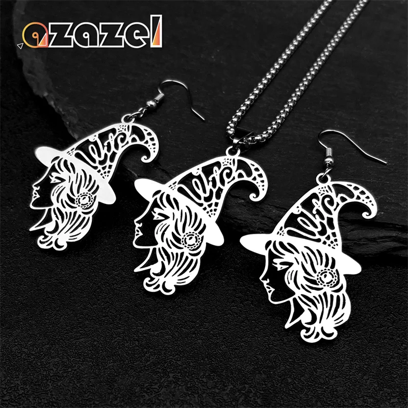 Witch Head Hollow Flower Necklace Earring Set For Women Men Stainless Steel Black Color Witchcraft Halloween Jewelry Gifts