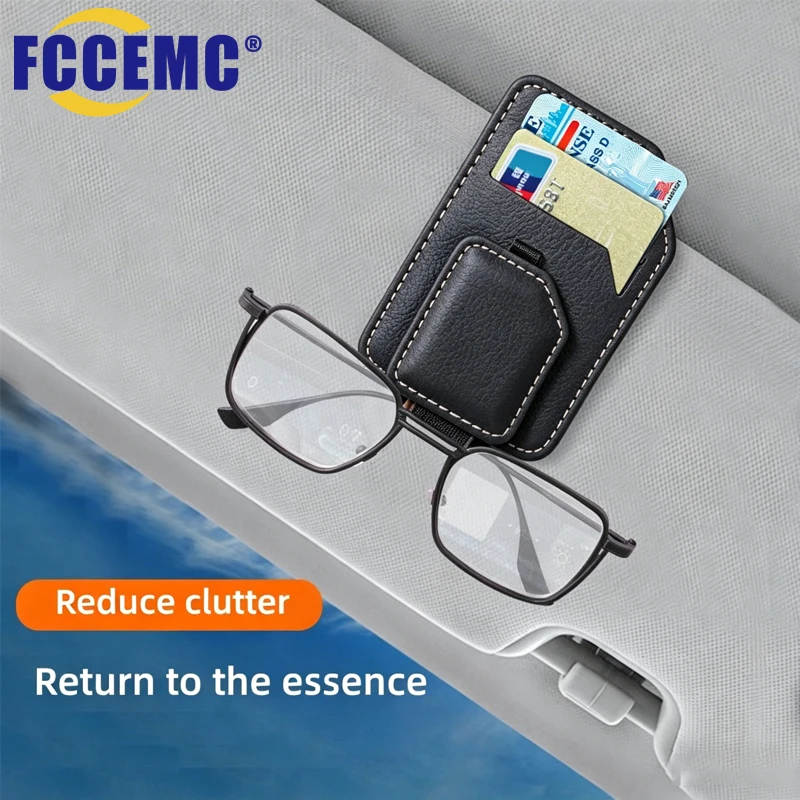 Magnetic Car Sunglasses Holder Sun Visor Glasses Clip PU Leather Eyeglasses Hanger Portable Ticket Card Clip Auto Accessories