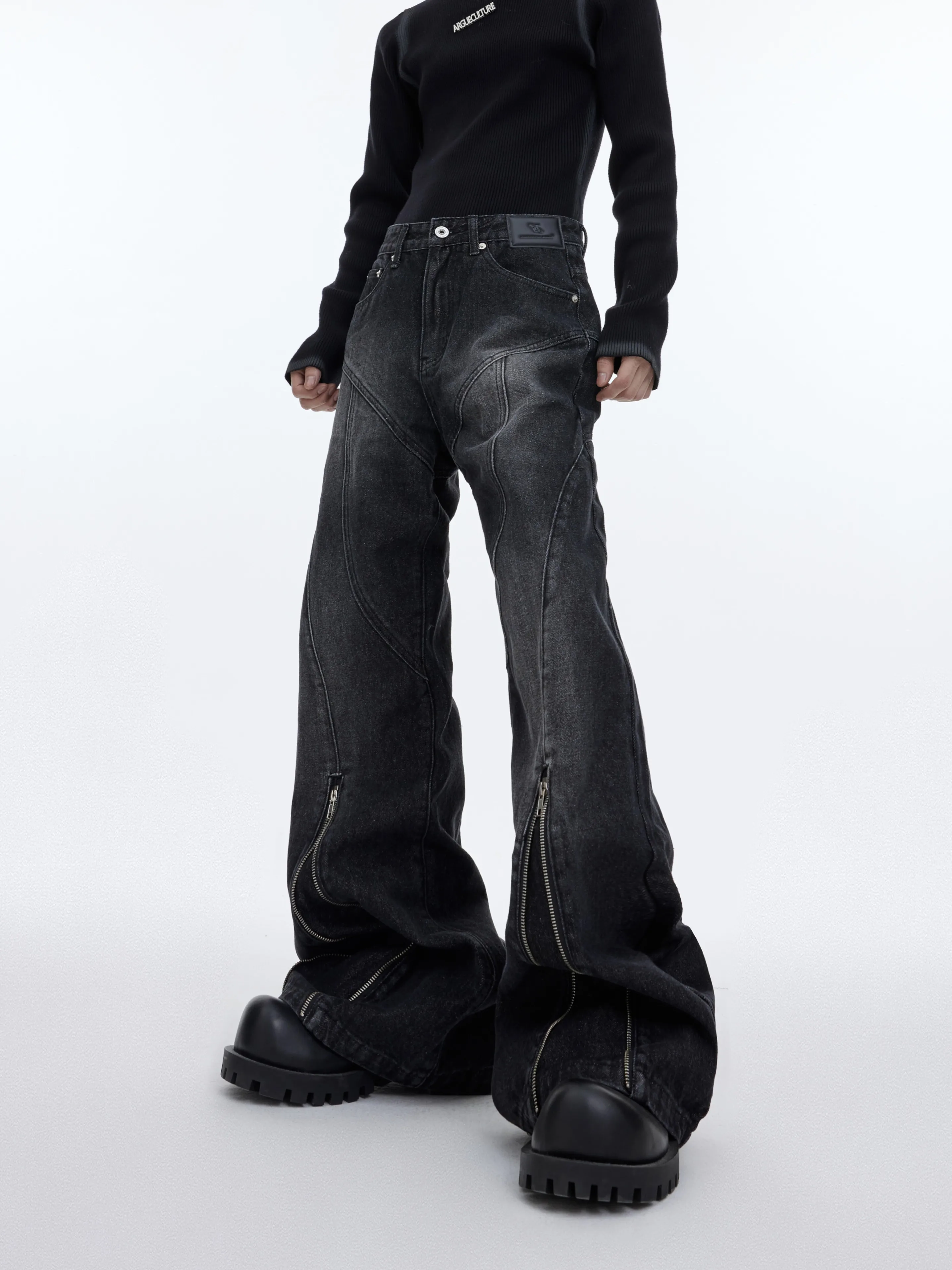 

Argue Heavyweight Vintage Washed Structure Line Micro Flared Jeans Metal Zipper Design Long Trousers High Waist Youth Fashion