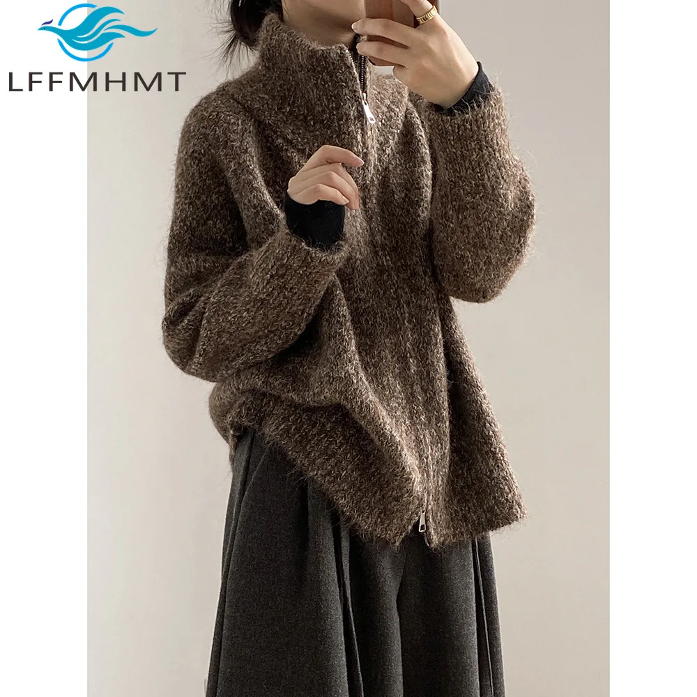 

1042 Winter Fall Fashion Women's Zip Up Sweater Coats Good Quality Soft Cozy Loose Casual Half Turtleneck Cardigan Knitwear Tops