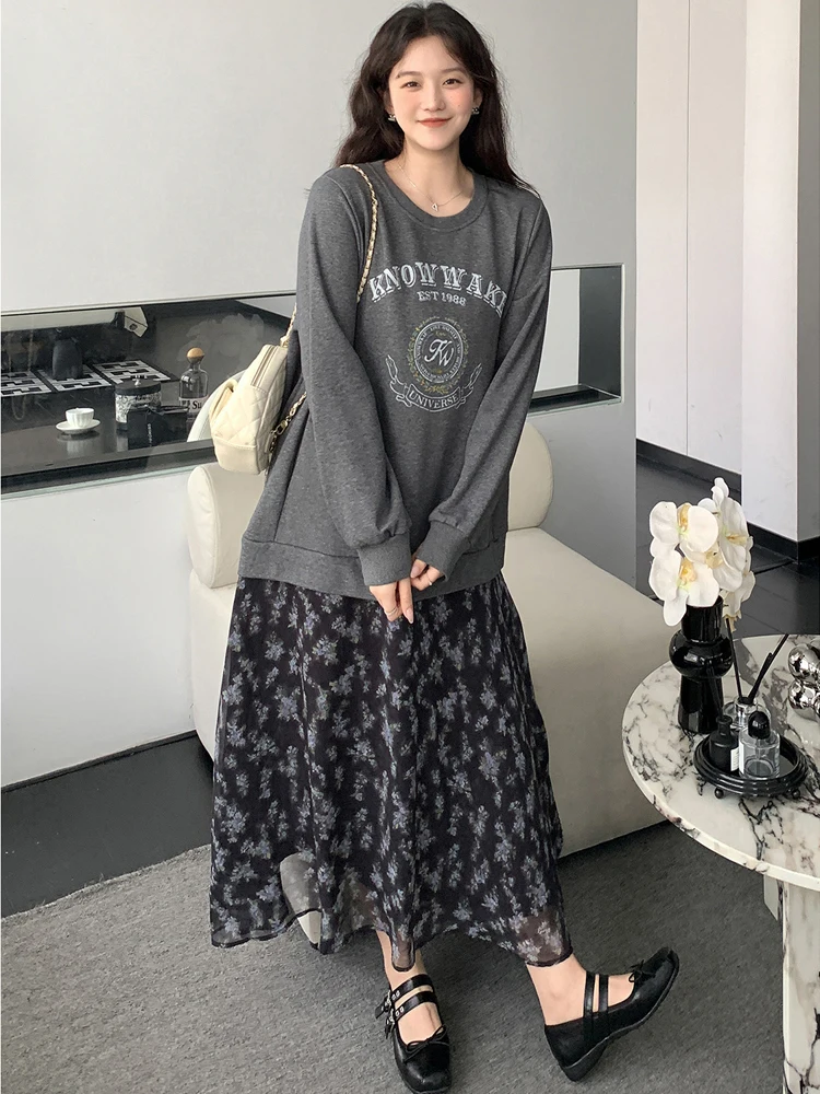 NYFS حجم كبير فستان طويل فضفاض مريح عادية الكورية نمط المرقعة طباعة هيم المرأة الخريف رداء قطع وهمية Elbise #4