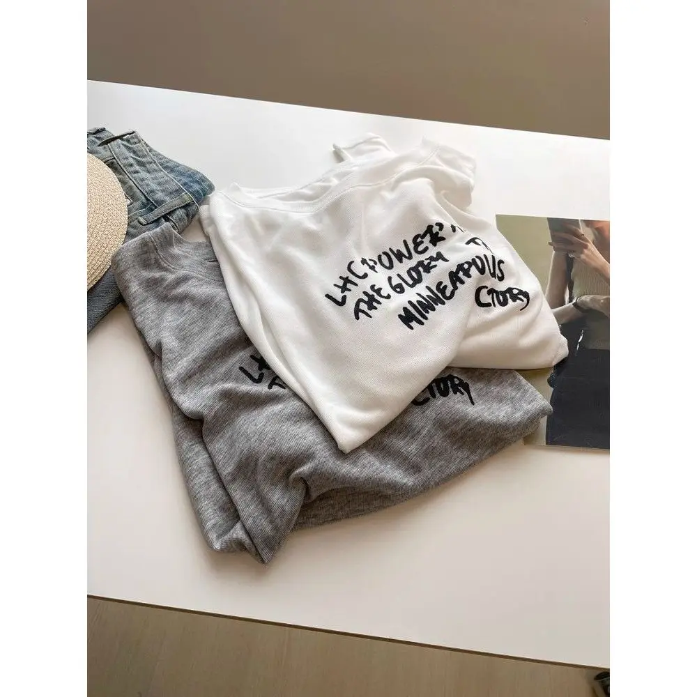 Lightweight Long Sleeve Letter Print Sun Protection Clothing Women's Summer Lazy Loose Slimming Cover up Shoulder Bared Mask T