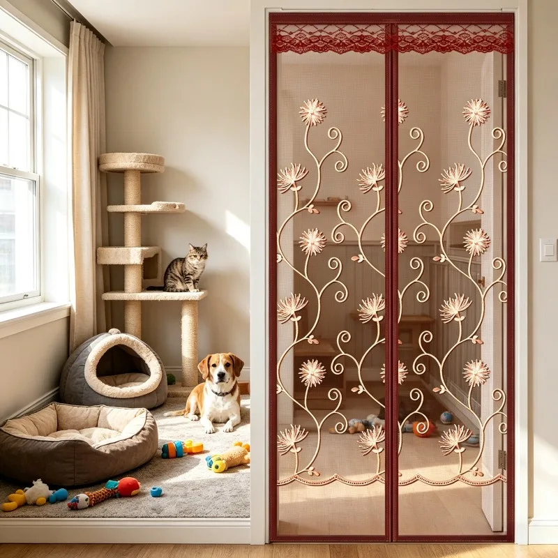 Magnetic Mosquito-Proof Screen Door, Floral Embroidery Anti-Mosquito Mesh Net, Hands-Free Self-Sealing, Lace Trim For Bedroom ﻿