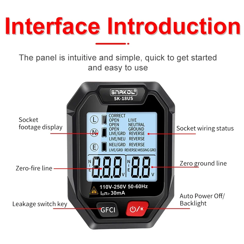 SNAKOL Outlet Socket Tester Digital Plug AC Voltage Detect 30mA RCD Test Polarity Phase Check Circuit Checker Bicolor Backlight