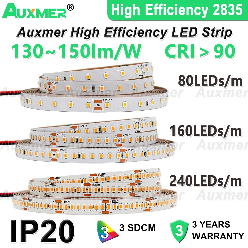 Wysokowydajna taśma LED, 130~150lm/W, CRI90, energooszczędna, 2835 240LEDs/m, 160LEDs/m, 80LEDs/m, DC12V, DC24V, IP20