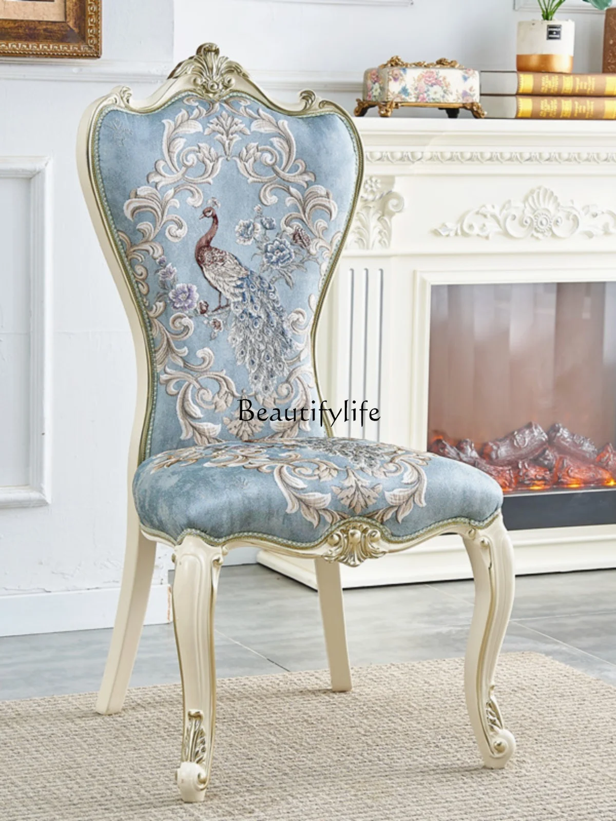 European-Style Solid Wood Home Dining Chair French-Style Wood Carved Fabric High-End Backrest Soft Pillow Princess Chair