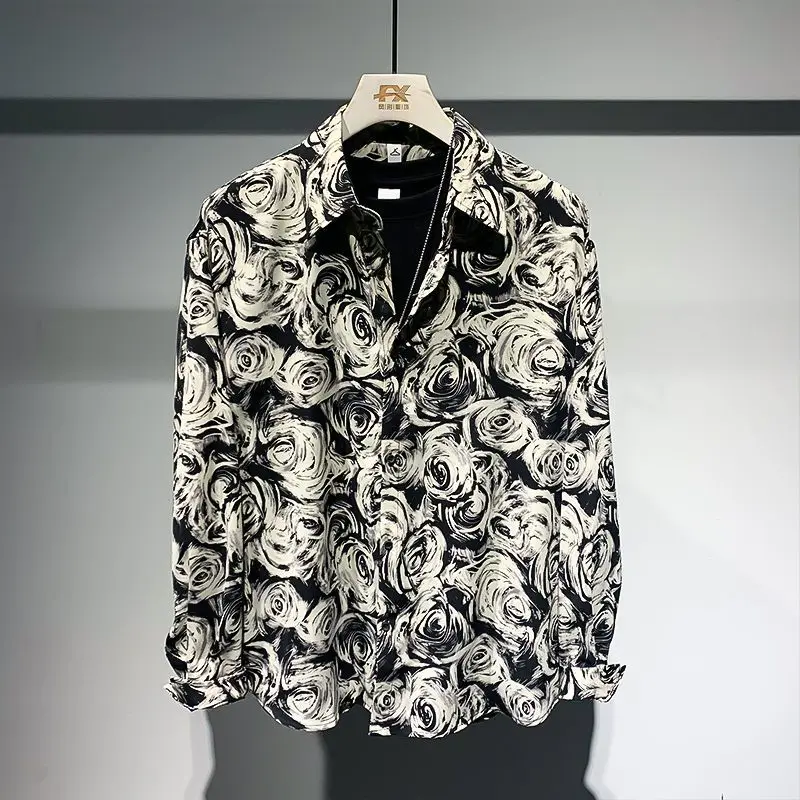 

Винтажные рубашки с длинными рукавами и лацканами с цветочным принтом, мужская одежда, весна-лето 2023, новые свободные повседневные топы, универсальные рубашки