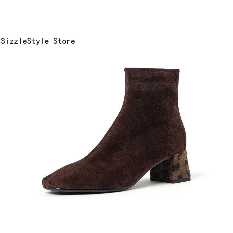 

Spring and Autumn Nubuck Leather Square Head Side Zipper Contrast Stitching Comfortable Thick Heel Versatile Women's Boots