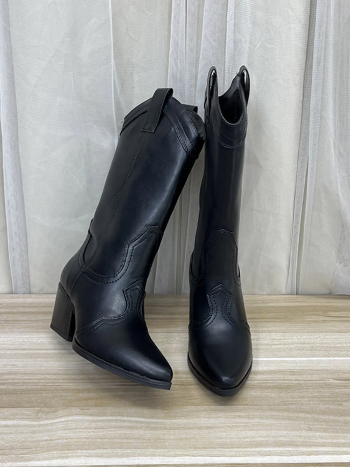 

Модные ковбойские сапоги в западном стиле с острым носком, на толстом каблуке, до середины икры, для активного отдыха, весна-осень, высокие, на высоком каблуке, из искусственной кожи