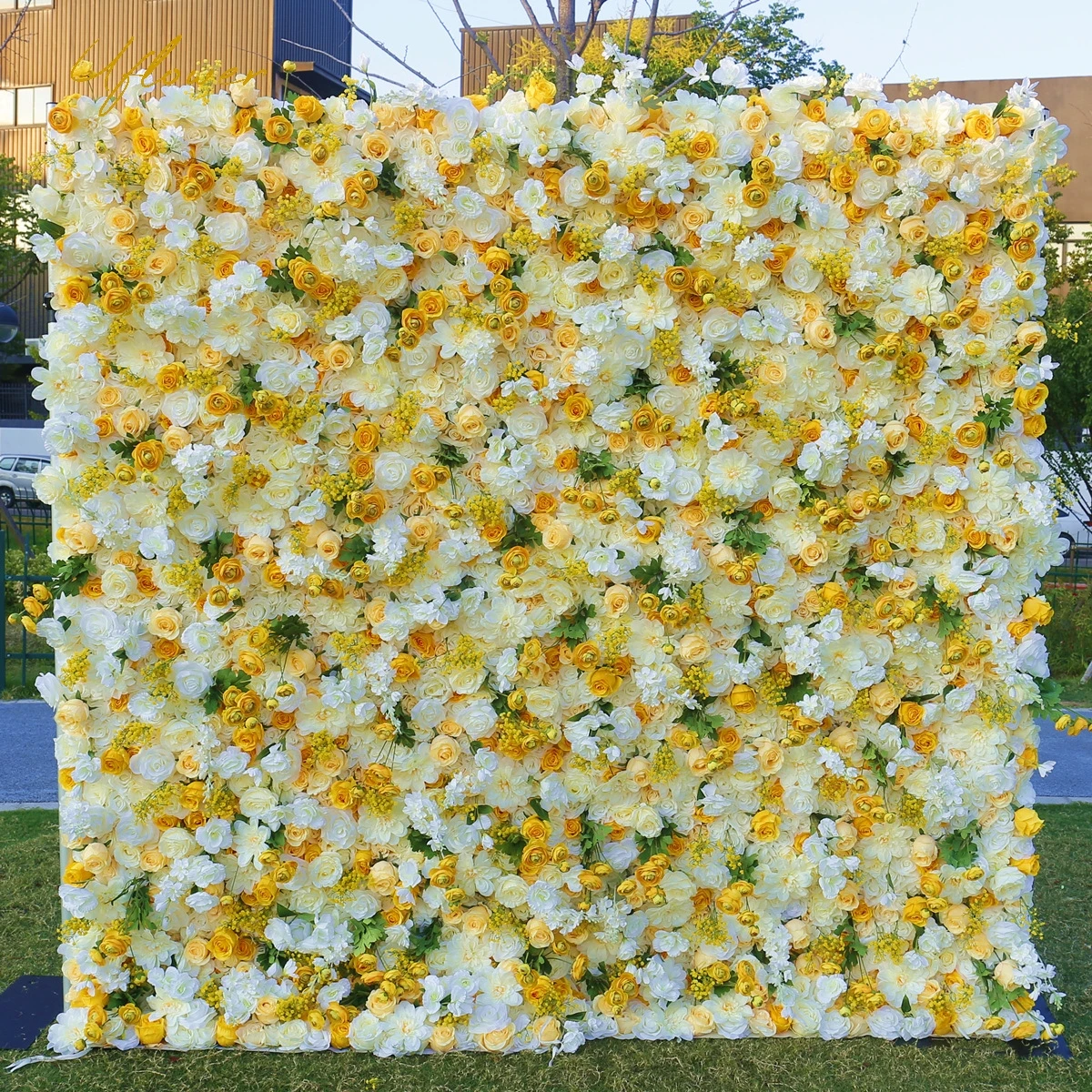 

Uflower Wedding Yellow White Rose 5D Artificial Flower Wall Row Arch Backdrop Fake Floral Event Party Prop Floral Arrangement