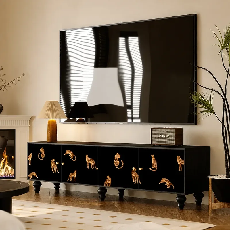 Cream Style Leopard Print TV Cabinet Solid Wood Integrated Floor Standing Storage Unit for Living Room Entryway Decorative