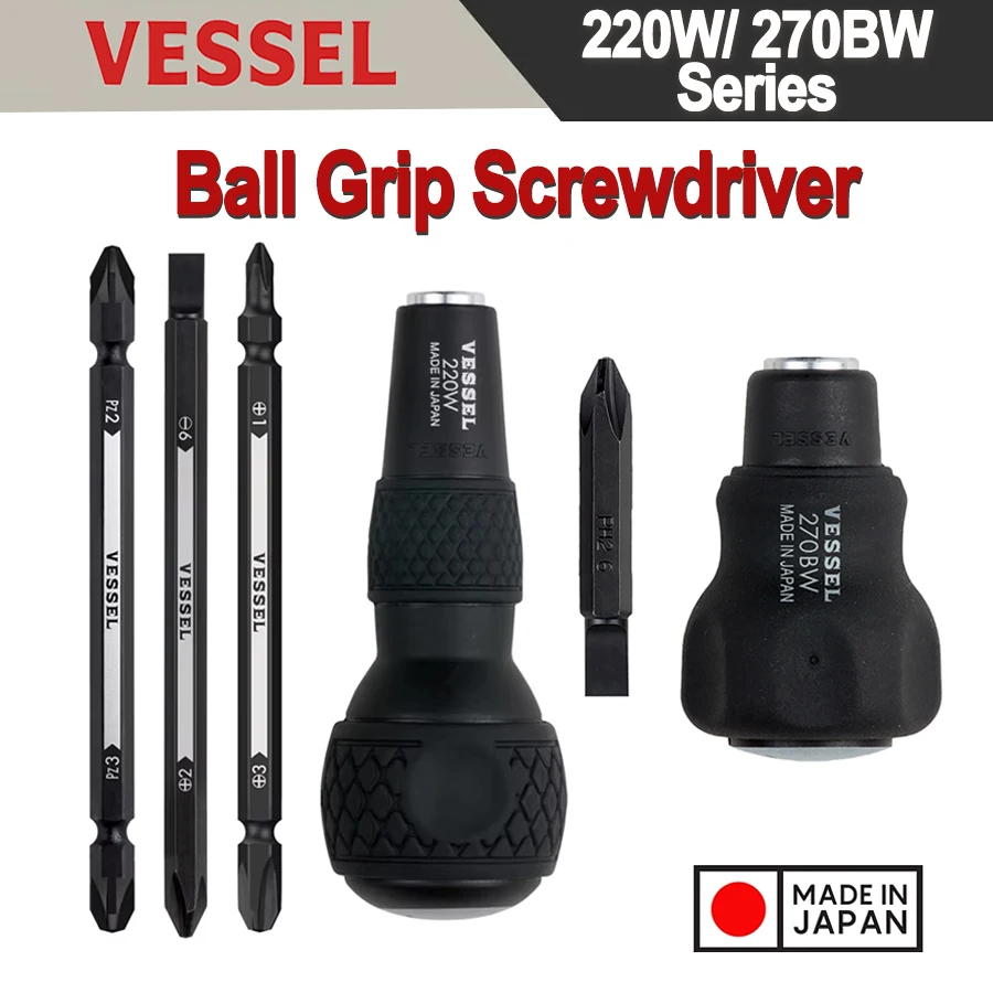 Japan VESSEL Ball Grip Screwdriver Replacement Bits Slotted Phillips Pozidriv Screwdrivers Mutifunctional Tool 220W-3/ 270BW-62