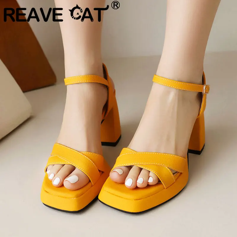 REAVE CAT Brand Women Sandals Toe Block Heels 9cm Platform 2cm Buckle Strap Big Size 41 42 43 Concise Daily Female Shoes