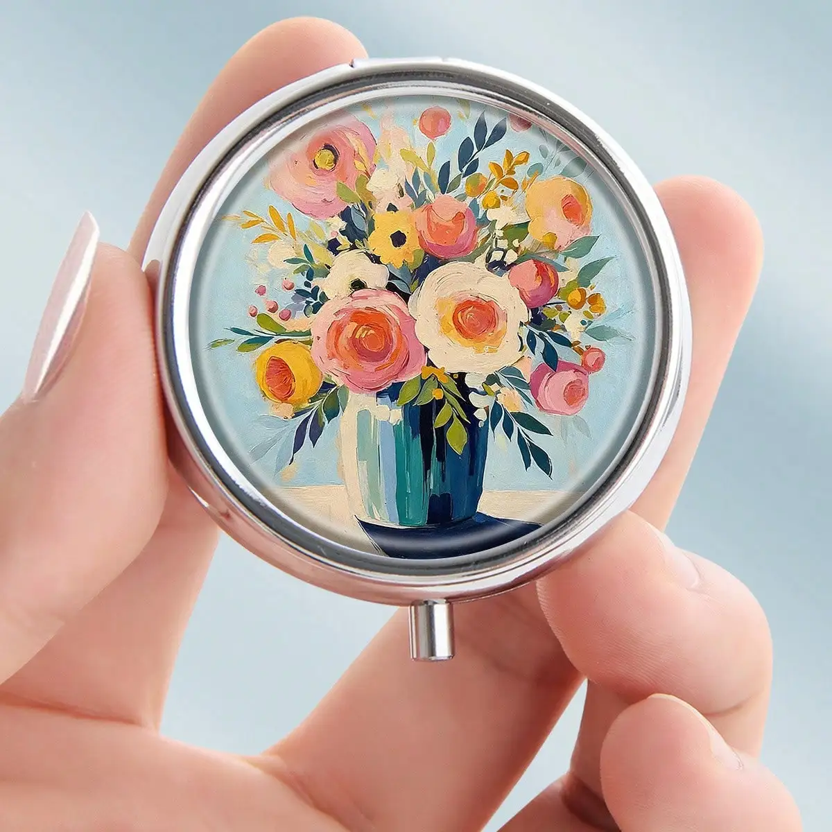 Soft Color Style Bouquet Still Life Scene Theme Metal Pill Box - Round Three-Compartment Portable Medicine Organizer, Vitamin Storage Box, Perfect for Travel or as a Handheld Decorative Gift, Lightweight Design, Designed Specifically for Daily Medication Use