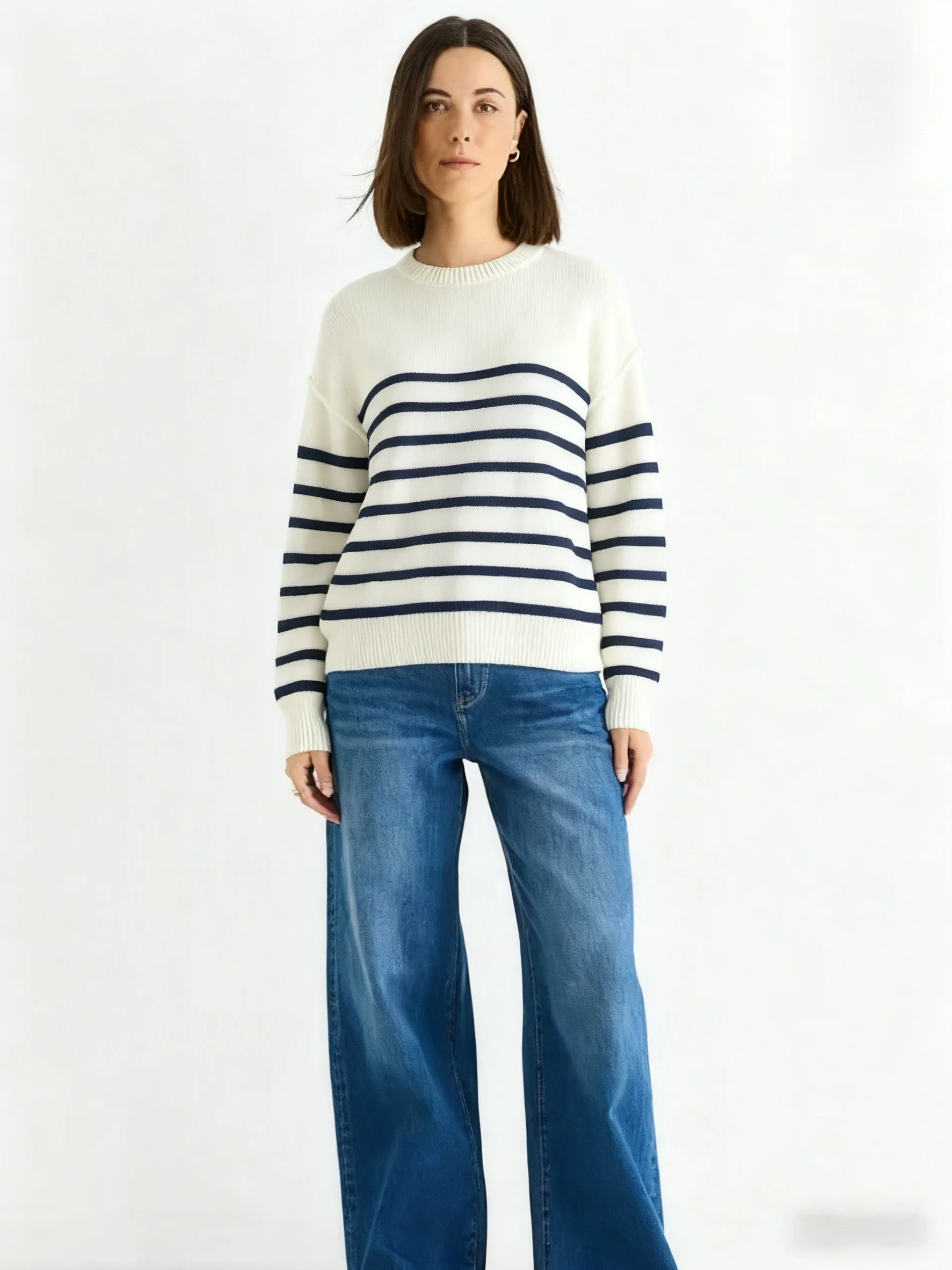 Loose oulder Women's Knitted Sweater round Ne Striped Casual Sle Autumn Winter Large Size Cotton Blend Thermal Top