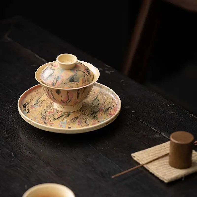 Dunhuang Oil Painting Dry Fruit Snack Tray Wood-Fired Pure Handmade Pot With Retro Chinese Style Underglaze Color Tea Set
