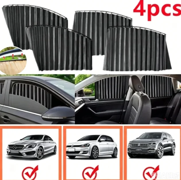 

2/4pcs Black Sliver Embedded Track Curtains Sun Protection Temperature Isolation Car Privacy Sunshade Private Cool Car Interior