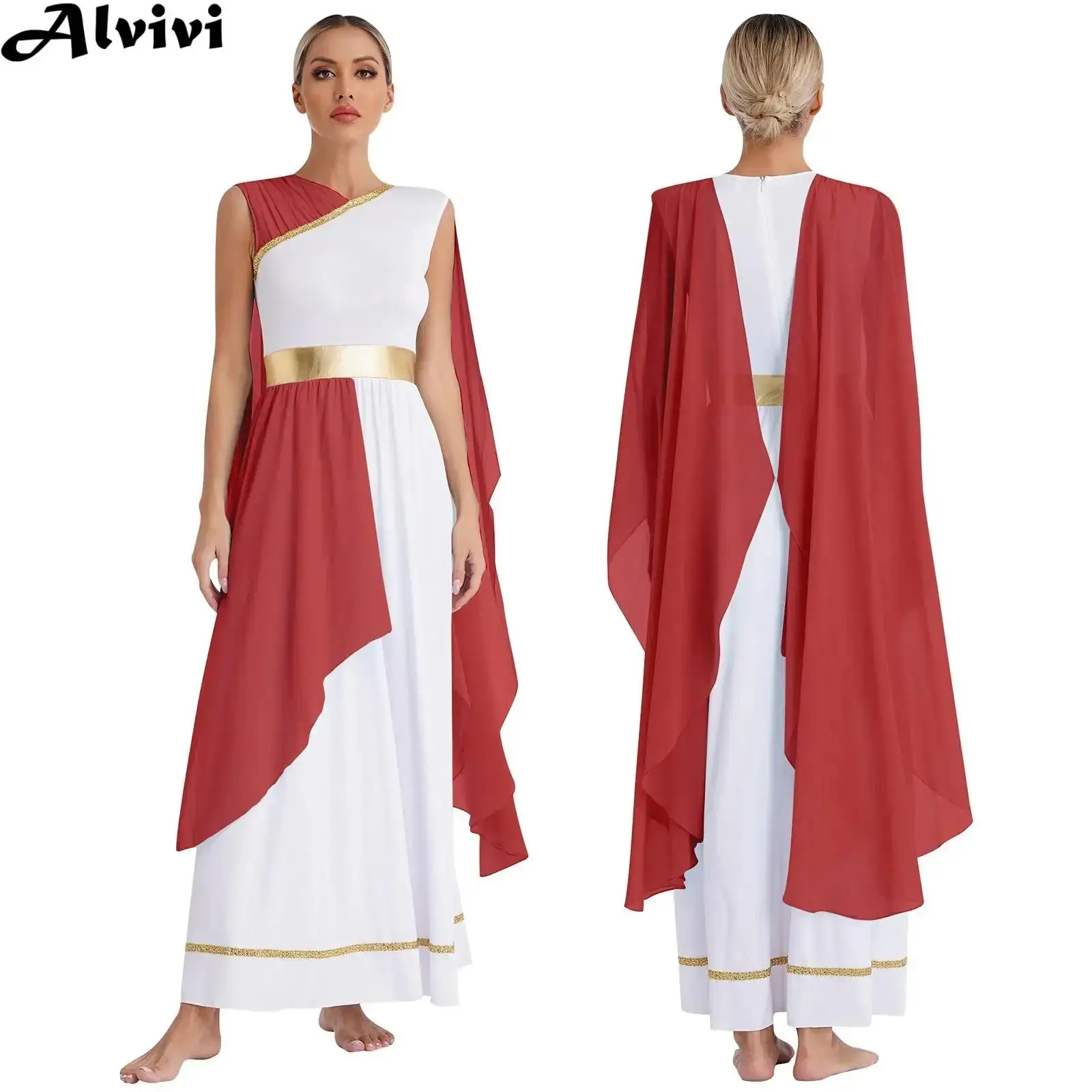 Women Church Choir Worship Robe Dress Ancient Greek Roman Deity Athenian Goddesses Queen Cosplay Costume Chiffon Gold Trims Toga