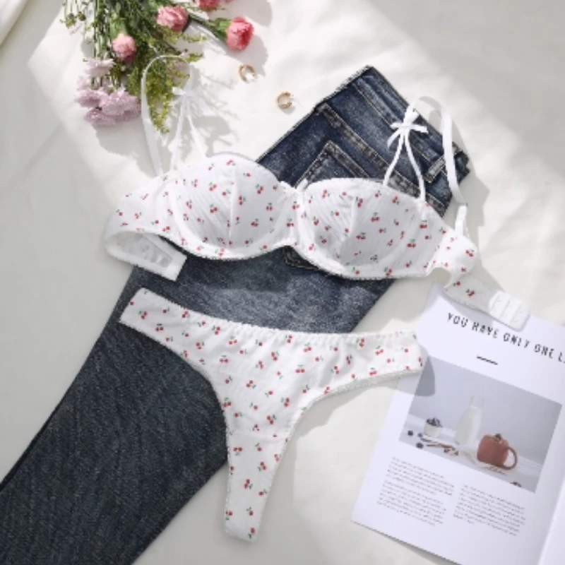 2Pcs Women Bras Sets Solid Color Floral Fragments Lingerie Set for Women Sexy Print Breathable Comfo