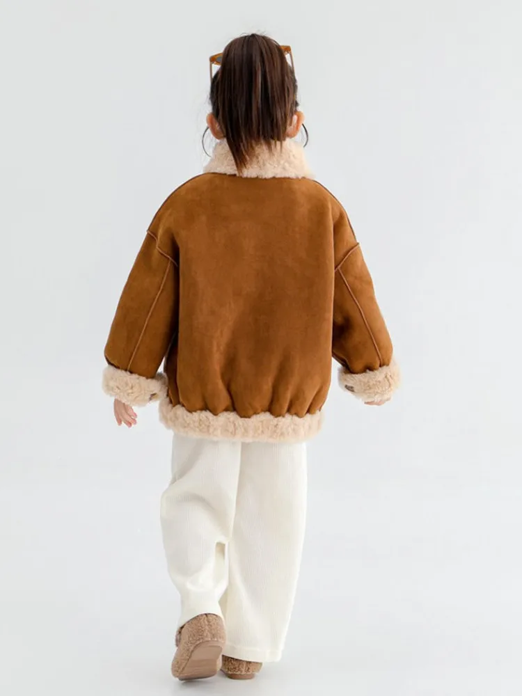 High-End Children's Real Wool Fur Jacket Thicker Warm Motorcycle Jacket Wear On Both Sides Coat For Girls A4803